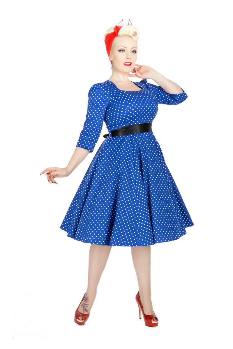 Køb Veronica, blå kjole med hvide - 149,70,-